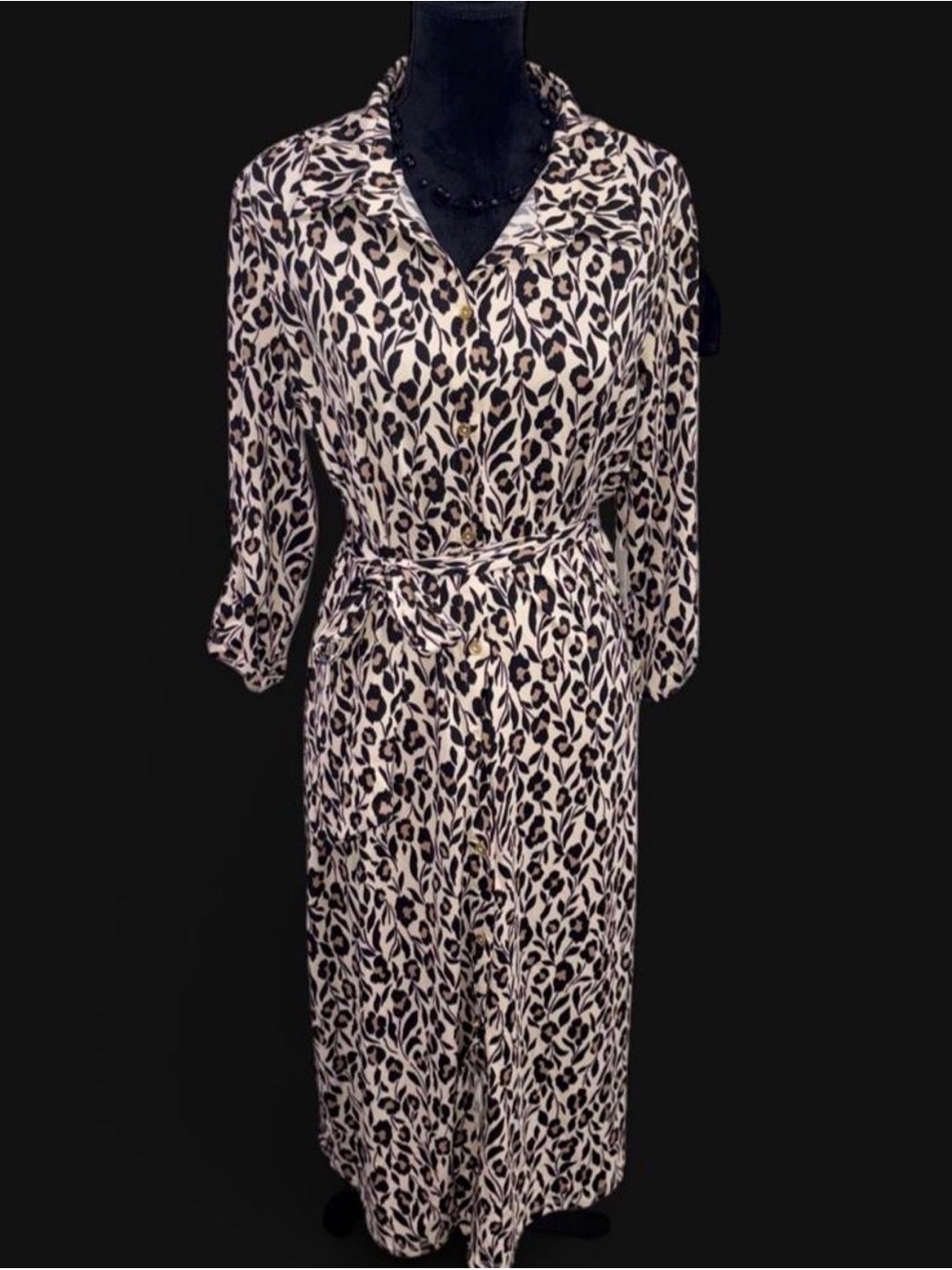 Animal Print Button-Front Midi Dress with Belt - Black & Cream size XL
